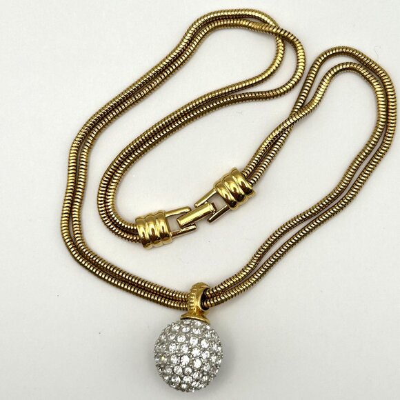 Vintage Swarovski Crystal Ball Pendant on Double Snake Chain Necklace - Picture 2 of 11